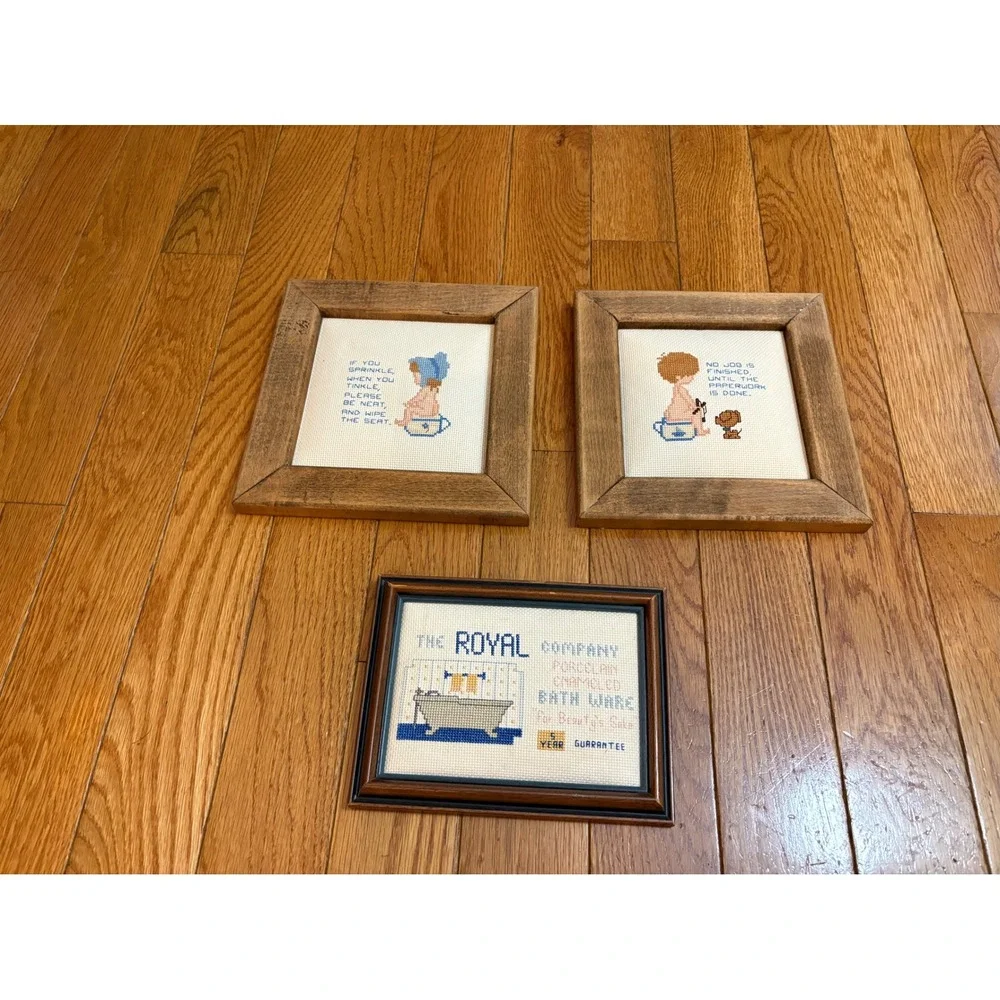 Lot‎ of 3 Vintage Framed Cross Stitch Art Bathroom Humor Toddler Dog